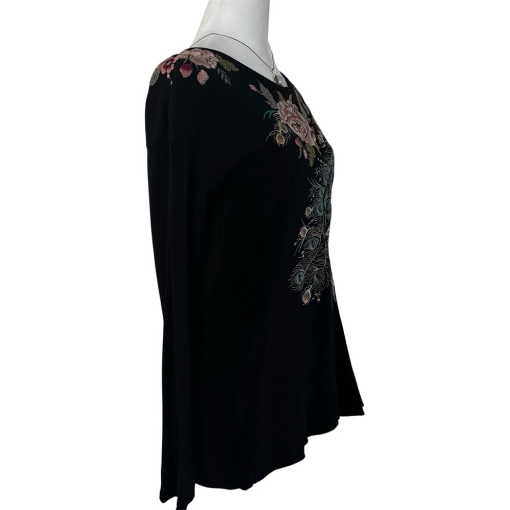 Johnny Was Peacock Embroidered Thermal Top Black – Small - Picture 5 of 13